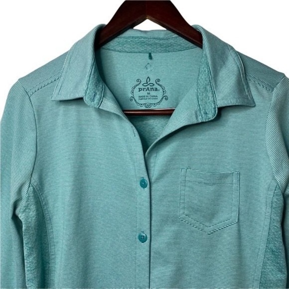 PrAna Blue Stretch Roll Tab Long Sleeve Striped Button Up Two Tone Geometric Top - Picture 3 of 9